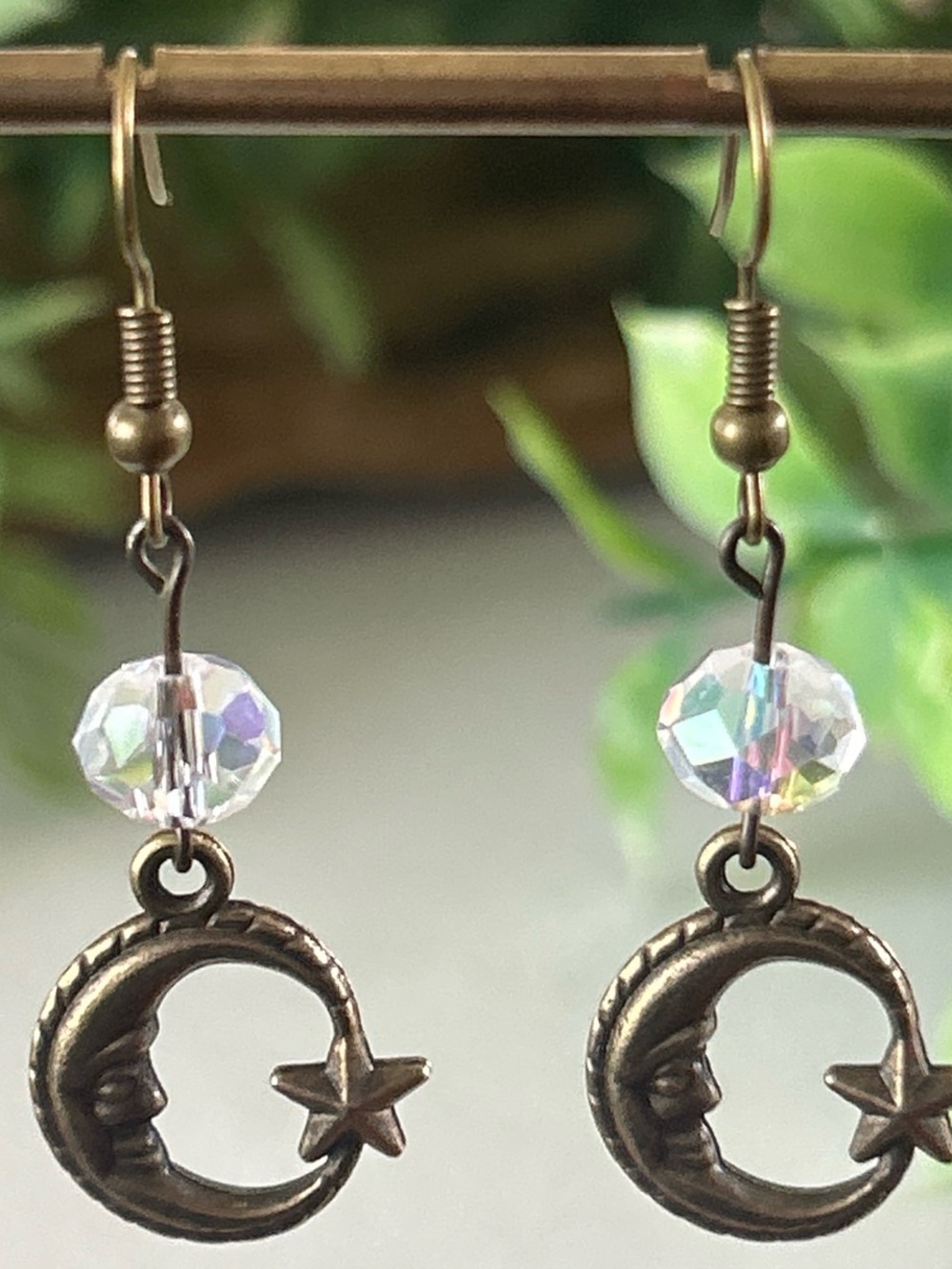 Handmade Celestial Moon & Star Dangle brass Earrings with Iridescent Crystal